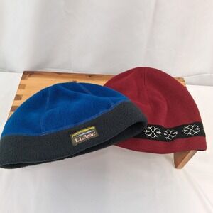 L.L.Bean/Burgundy Snowflake Men's Winter Beanie Hat Lot of 2 Fleece & Knit  OS